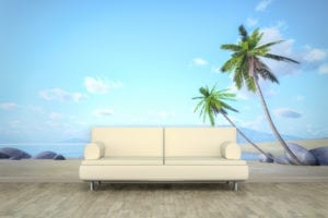 3d rendering of a sofa in front of a photo wall mural with a palm beach